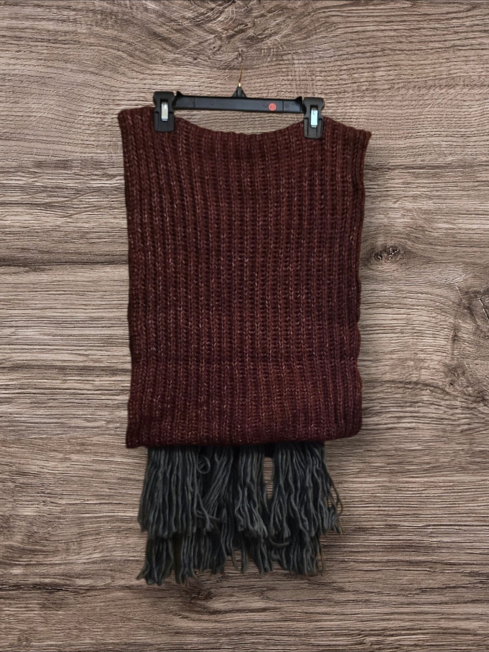 BearPaw Ribbed Knit Scarf with Charcoal Fringe - Wine